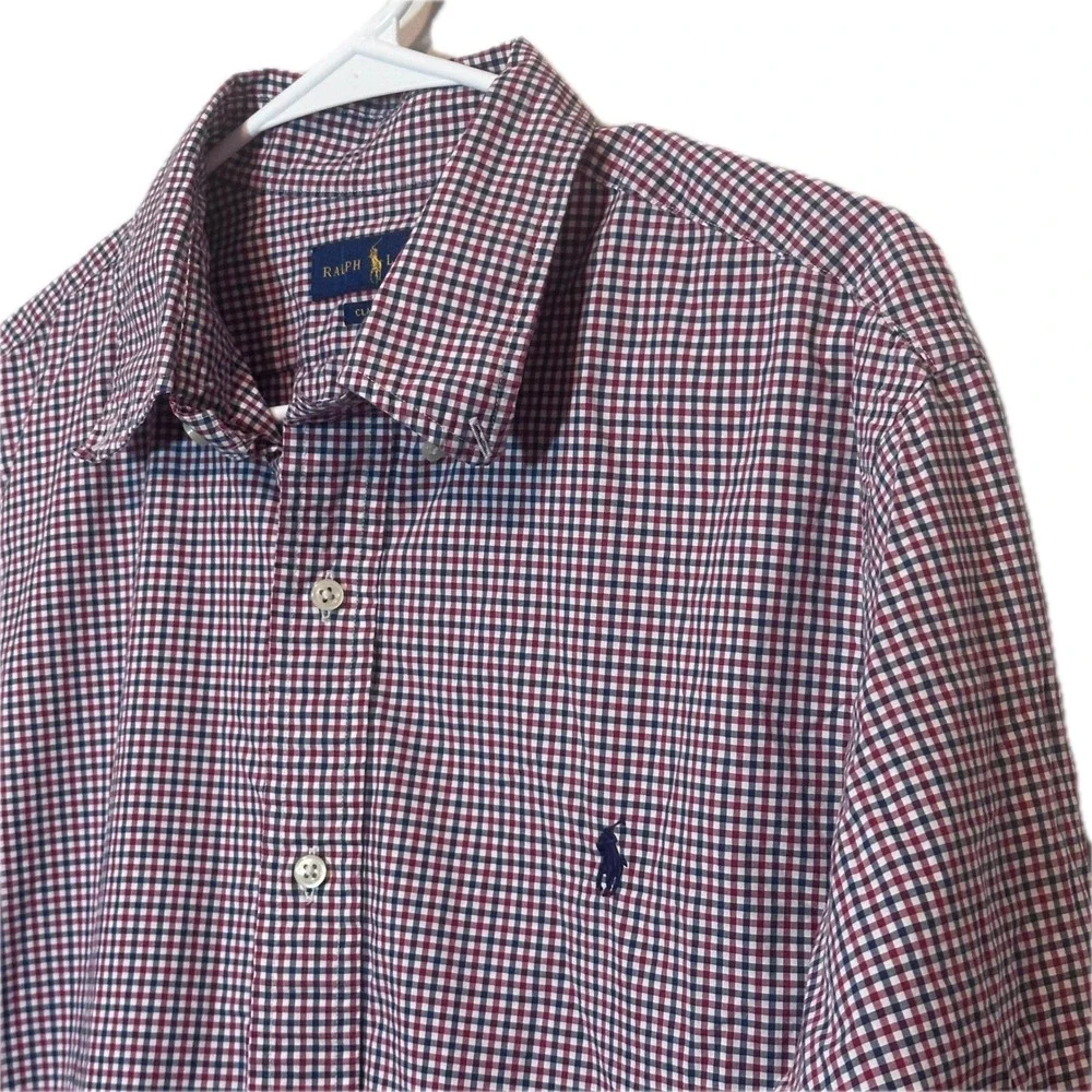 Polo Ralph Lauren Shirt Mens XL Classic Fit Gingham Check Navy Red Long Sleeve